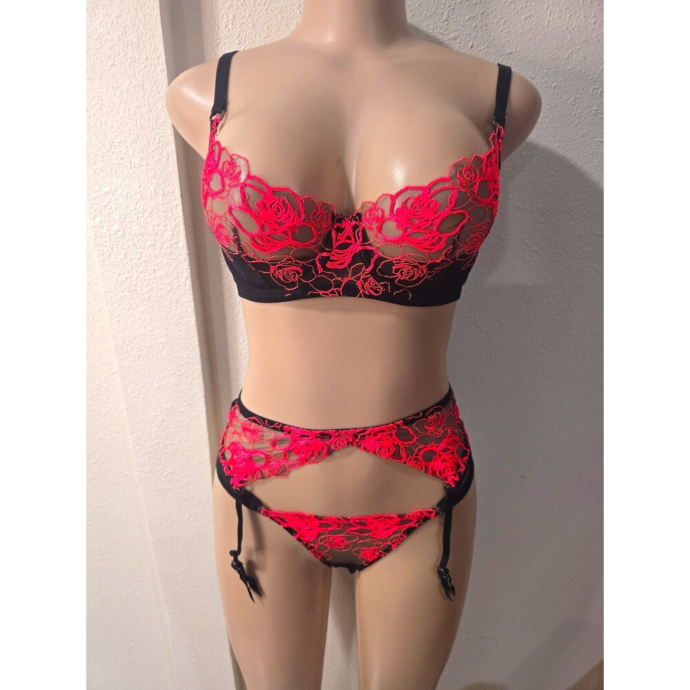 Honey Birdette Desiree Black Red Lace Mesh Sheer Underwired Bra Set 32DD